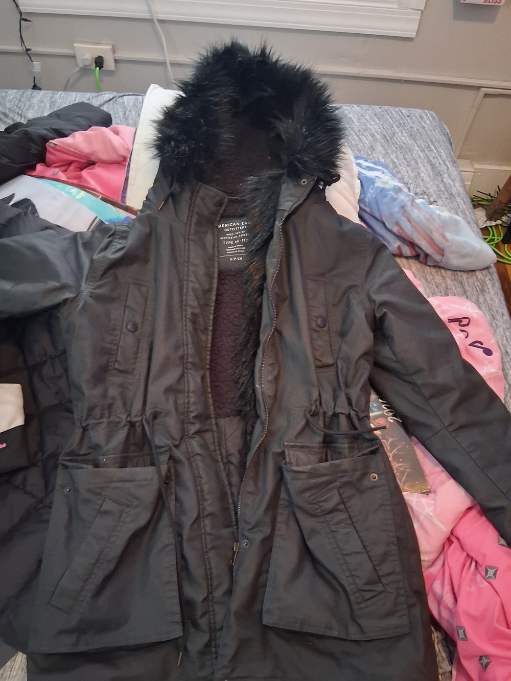 American Eagle Outfitters Black Trench Parka with Faux-Fur Hood